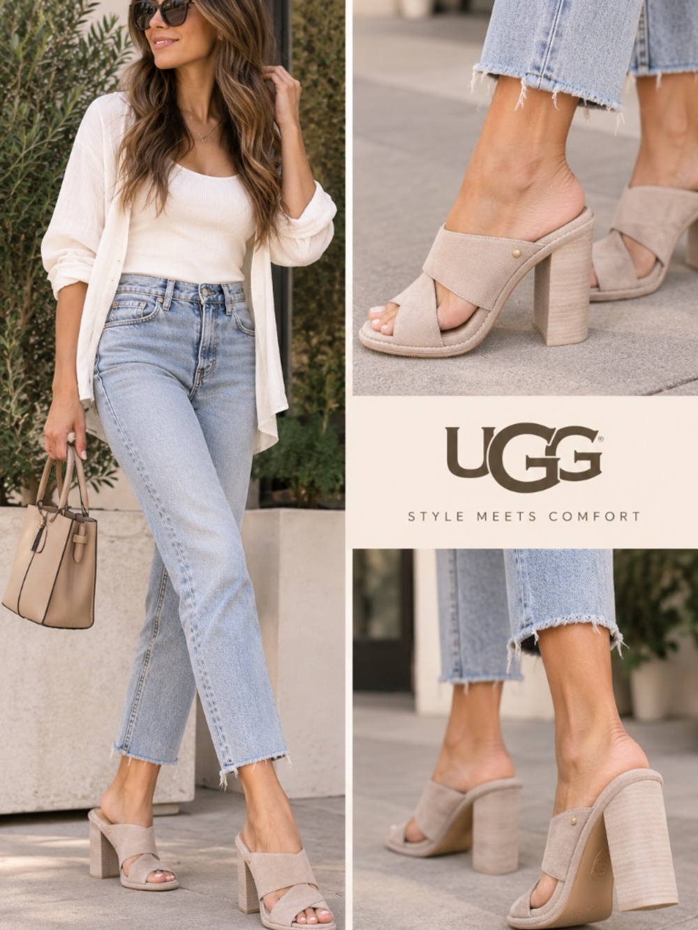 UGG Suede Block Heel Sandals – Neutral Beige/Taupe – Size 6